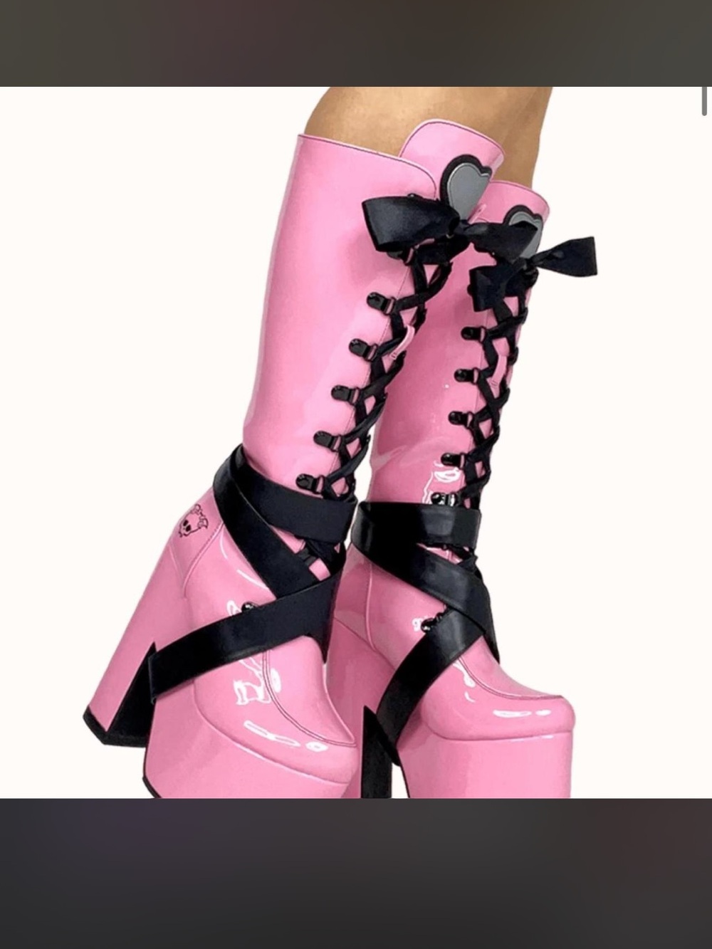 YRU Pink Platform Knee-High Boots with Black Ribbon Laces